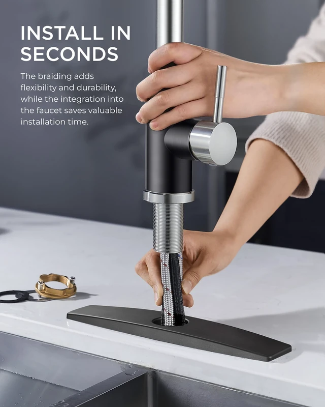 Alt view image 4 of 7 - Kitchen Faucets with Pull Out Sprayer, Single Handle, Black Brushed Single Handle Pull Out Bar Sink Faucet with Deck Plate for 1 or 3 Holes