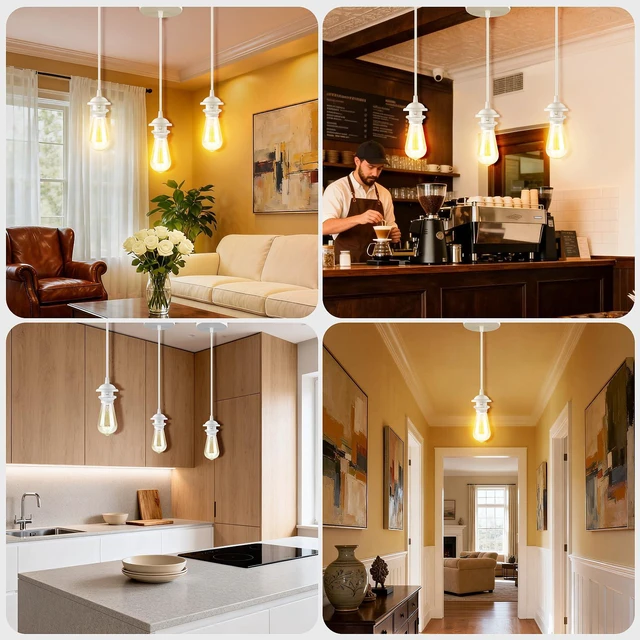 Alt view image 5 of 5 - White Pendant Light Kit, Vintage Hanging Light Kit, Hardwired Lamp Kit E26 E27 Ceiling Pendant Light Fixture, Adjustable Lamp Socket Pendant Light Wiring Kit Ceiling Light Kit, No Bulb