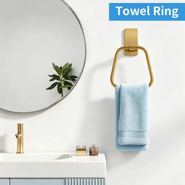 Alt view image 2 of 7 - Adhesive Hand Towel Holder for Bathroom, No Drill Towel Ring Wall Mounted, Space-Saving, Easy Install for Bathroom & Kitchen (Gold)