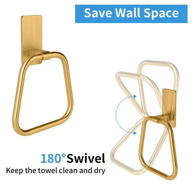 Alt view image 3 of 7 - Adhesive Hand Towel Holder for Bathroom, No Drill Towel Ring Wall Mounted, Space-Saving, Easy Install for Bathroom & Kitchen (Gold)