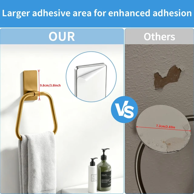 Alt view image 4 of 7 - Adhesive Hand Towel Holder for Bathroom, No Drill Towel Ring Wall Mounted, Space-Saving, Easy Install for Bathroom & Kitchen (Gold)