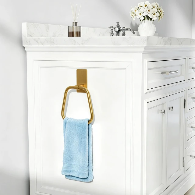 Alt view image 7 of 7 - Adhesive Hand Towel Holder for Bathroom, No Drill Towel Ring Wall Mounted, Space-Saving, Easy Install for Bathroom & Kitchen (Gold)