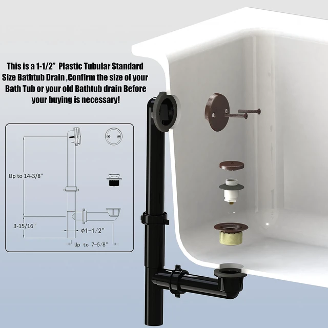 Alt view image 2 of 7 - 1-1/2" Black Tubular Bath Drain Kit with Tip-Toe Bath Drain Stopper, Touch-Toe Tub Drain, Tip Toe Bathtub Drain Waste and Overflow With Plug and Bathtub Overflow Drain Cover,Oil Rubbed Bronze
