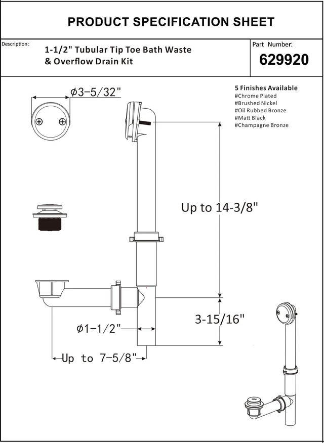Alt view image 6 of 7 - 1-1/2" Black Tubular Bath Drain Kit with Tip-Toe Bath Drain Stopper, Touch-Toe Tub Drain, Tip Toe Bathtub Drain Waste and Overflow With Plug and Bathtub Overflow Drain Cover,Oil Rubbed Bronze