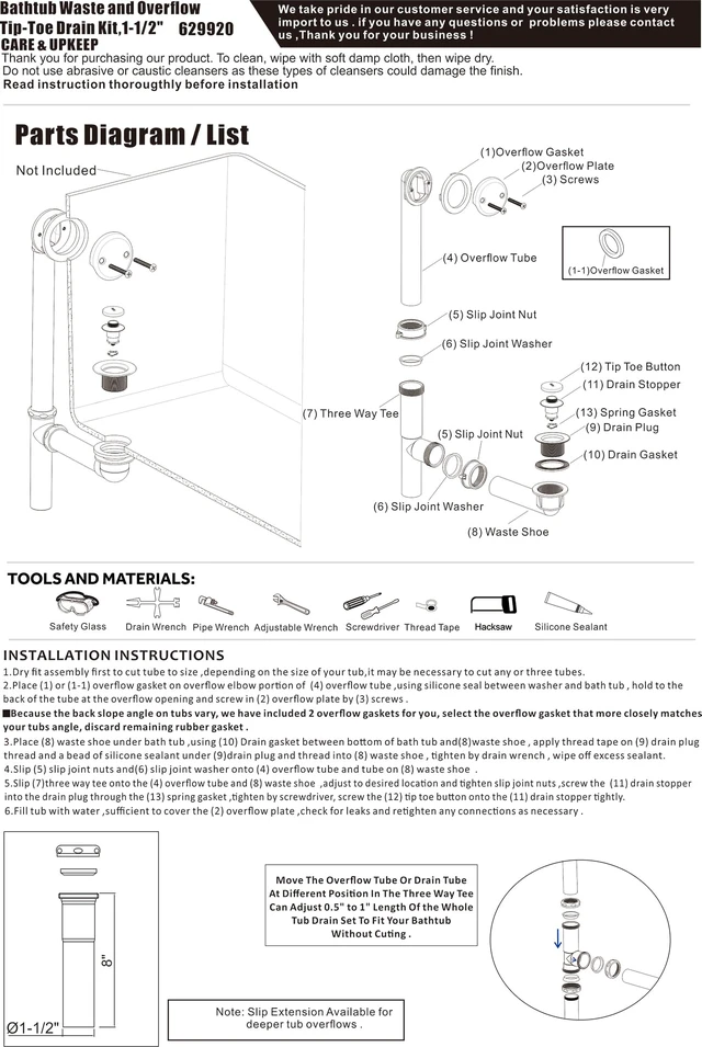 Alt view image 7 of 7 - 1-1/2" Black Tubular Bath Drain Kit with Tip-Toe Bath Drain Stopper, Touch-Toe Tub Drain, Tip Toe Bathtub Drain Waste and Overflow With Plug and Bathtub Overflow Drain Cover,Oil Rubbed Bronze