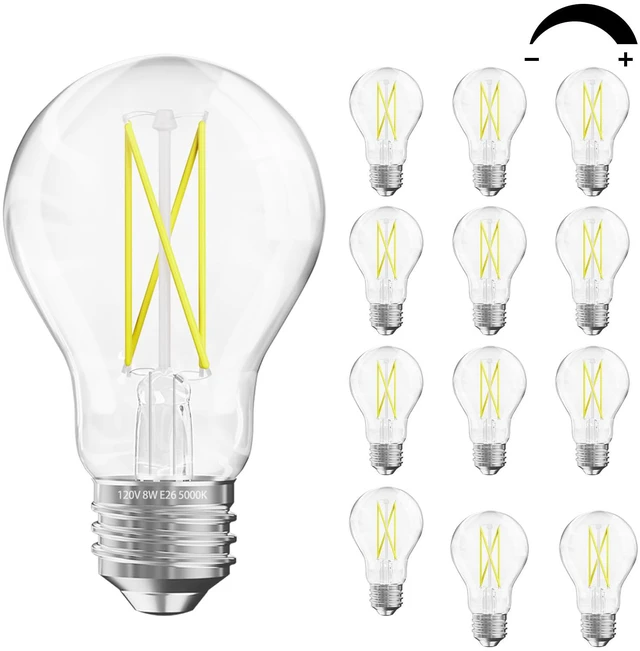 Main image of 12 Pack A19 Vintage LED Edison Bulbs, 60W Equivalent Dimmable LED Bulbs, High Brightness 5000K Daylight, 800 Lumens, 8W E26 Standard Base, Ultra-Bright, CRI80+, Clear Glass Filament Bulb
