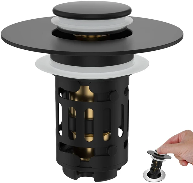 Main image of Universal Bathroom Sink Drain Strainer, 3 in 1 Pop Up Stopper Upgraded Hair Catcher Sink Plug for 1.1''-2.36'' Hole, Removable Stainless Steel Filter Basket, Brass Core, Matte Black