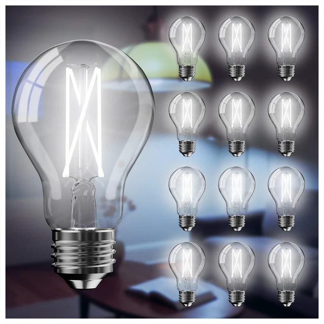 Alt view image 7 of 7 - 12 Pack A19 Vintage LED Edison Bulbs, 60W Equivalent Dimmable LED Bulbs, High Brightness 5000K Daylight, 800 Lumens, 8W E26 Standard Base, Ultra-Bright, CRI80+, Clear Glass Filament Bulb
