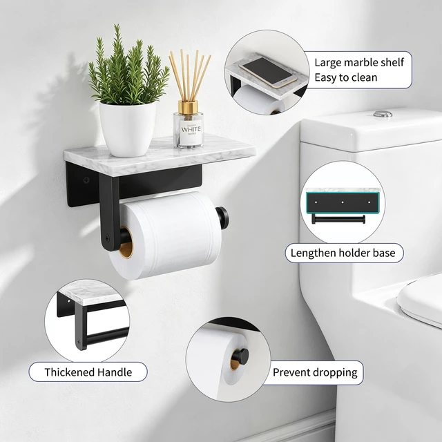 Alt view image 2 of 6 - Marble Toilet Paper Holder with Shelf, Wall Mounted Matte Black Stainless Steel Tissue Roll Paper Holder Dispenser for Bathroom Washroom