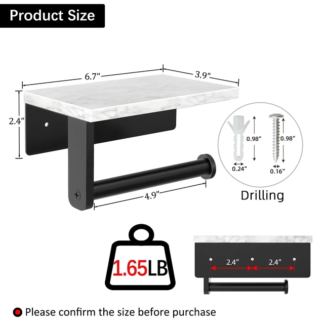 Alt view image 3 of 6 - Marble Toilet Paper Holder with Shelf, Wall Mounted Matte Black Stainless Steel Tissue Roll Paper Holder Dispenser for Bathroom Washroom