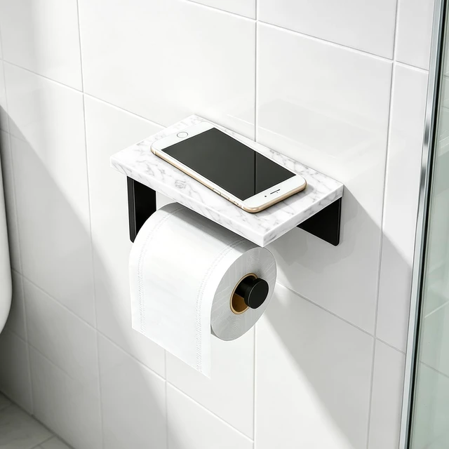 Alt view image 5 of 6 - Marble Toilet Paper Holder with Shelf, Wall Mounted Matte Black Stainless Steel Tissue Roll Paper Holder Dispenser for Bathroom Washroom