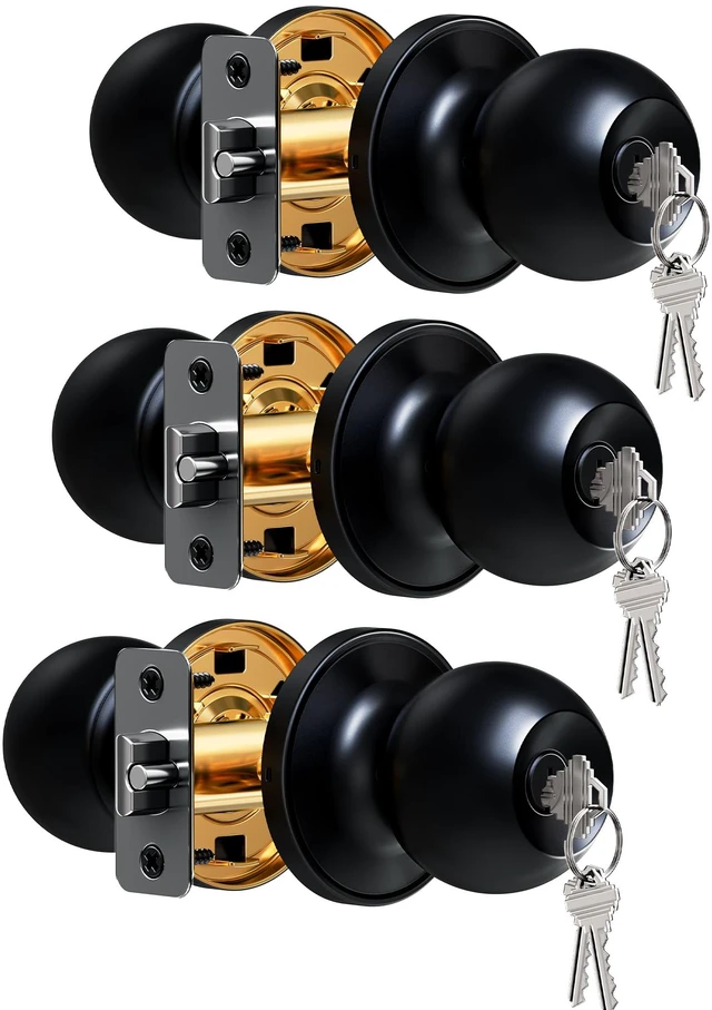 Main image of 3 Pack Keyed Alike Entry Door Knobs with Lock & Keys, Matte Black Heavy-Duty, Rustproof, Interior & Exterior, Scratch-Resistant, ANSI Grade 3, 250K Cycles Test, Left/Right Reversible, Classic