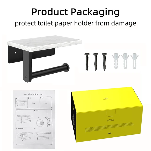 Alt view image 6 of 6 - Marble Toilet Paper Holder with Shelf, Wall Mounted Matte Black Stainless Steel Tissue Roll Paper Holder Dispenser for Bathroom Washroom