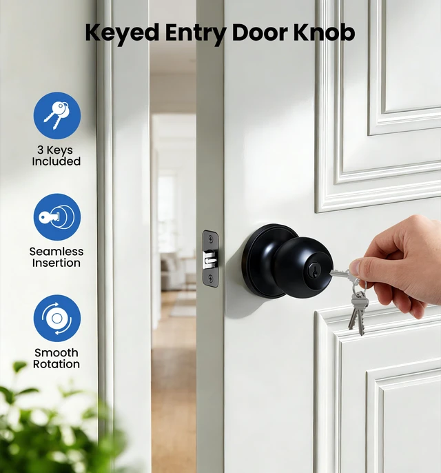 Alt view image 2 of 7 - 3 Pack Keyed Alike Entry Door Knobs with Lock & Keys, Matte Black Heavy-Duty, Rustproof, Interior & Exterior, Scratch-Resistant, ANSI Grade 3, 250K Cycles Test, Left/Right Reversible, Classic