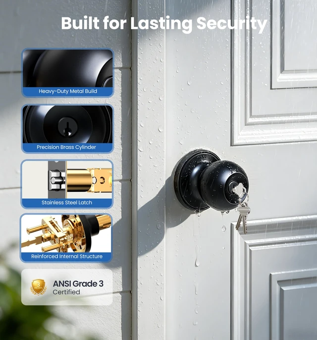 Alt view image 4 of 7 - 3 Pack Keyed Alike Entry Door Knobs with Lock & Keys, Matte Black Heavy-Duty, Rustproof, Interior & Exterior, Scratch-Resistant, ANSI Grade 3, 250K Cycles Test, Left/Right Reversible, Classic