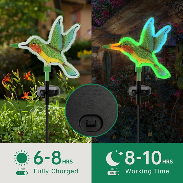 Alt view image 3 of 7 - Solar Hummingbird Garden Lights 2 Pack, Colorful Neon Glow LED Solar Stake Lights, Waterproof Outdoor Decorative Landscape Lighting for Yard, Patio, Gifts for Mom