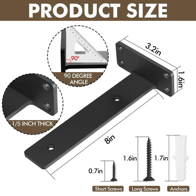 Alt view image 3 of 7 - 6 Pack Heavy Duty Metal Shelf Brackets 8 inch Long,Black L-Shaped Wall Shelf Bracket Hidden & Decorative Shelf Bracket,1/5-Thick,150 lbs of weight capacity