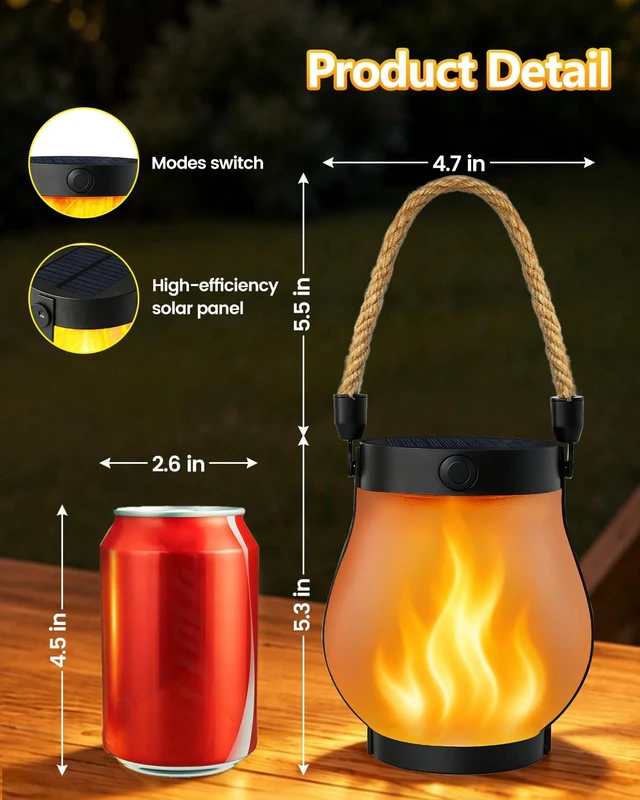 Alt view image 5 of 7 - 1 Pack Solar Lanterns Outdoor Waterproof, Solar Flame Lanterns with 2 Modes Ultra-Real Flame, USB/Solar Charging, IP65 Waterproof, Hanging/Table Solar Lights Outdoor for Tree Garden Porch Yard Patio