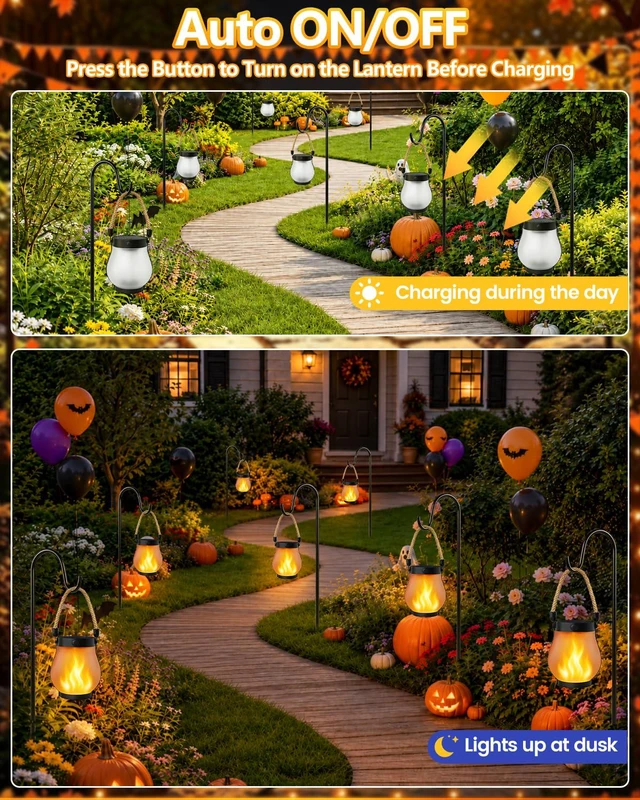 Alt view image 6 of 7 - 1 Pack Solar Lanterns Outdoor Waterproof, Solar Flame Lanterns with 2 Modes Ultra-Real Flame, USB/Solar Charging, IP65 Waterproof, Hanging/Table Solar Lights Outdoor for Tree Garden Porch Yard Patio