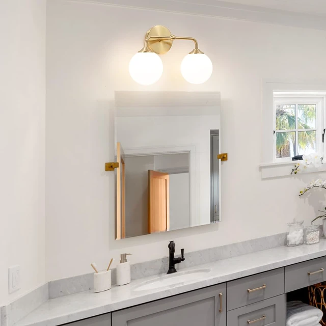 Alt view image 2 of 7 - Modern Gold 2-Lights Bathroom Light Fixtures, Brass Vanity Light with Milky White Globe Glass Shade, Elegant Vanity Light Fixtures over Mirror, Wall Sconce Light for Bathroom, Mirror, Dressing Table