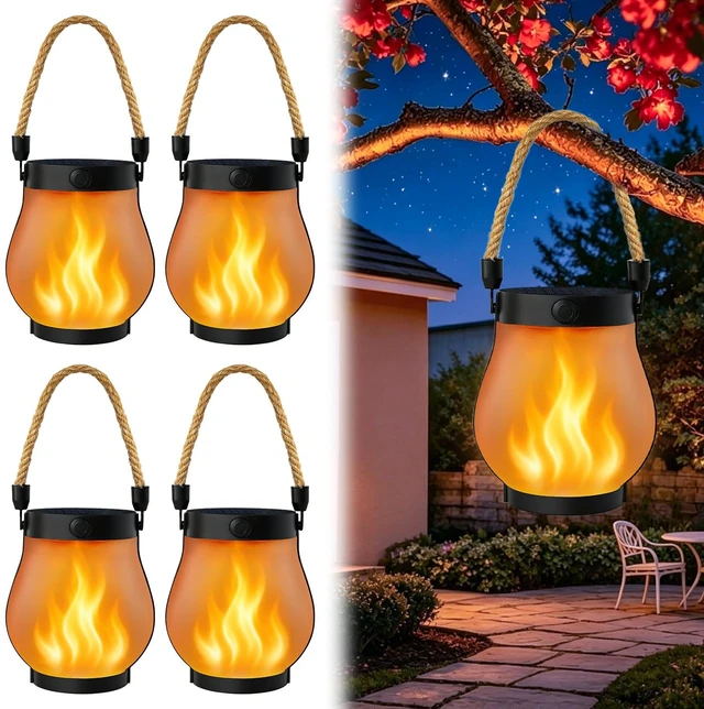 Main image of 4 Pack Solar Lanterns Outdoor Waterproof, Solar Flame Lanterns with 2 Modes Ultra-Real Flame, USB/Solar Charging, IP65 Waterproof, Hanging/Table Solar Lights Outdoor for Tree Garden Porch Yard Patio