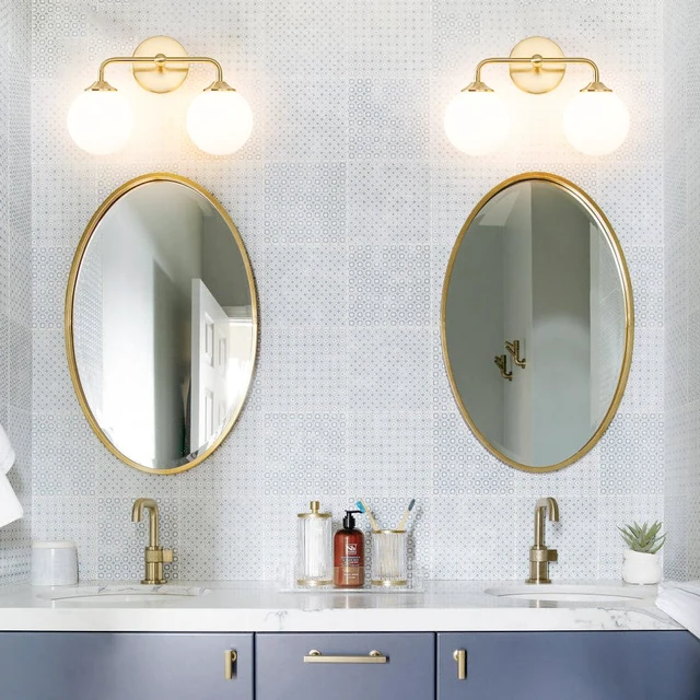 Alt view image 3 of 7 - Modern Gold 2-Lights Bathroom Light Fixtures, Brass Vanity Light with Milky White Globe Glass Shade, Elegant Vanity Light Fixtures over Mirror, Wall Sconce Light for Bathroom, Mirror, Dressing Table