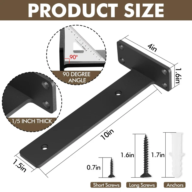 Alt view image 3 of 6 - 4 Pack Heavy Duty Metal Shelf Brackets 10 inch Long,Black L-Shaped Wall Shelf Bracket Hidden & Decorative Shelf Bracket,1/5-Thick,150 lbs of weight capacity