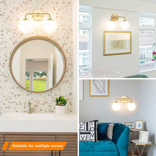 Alt view image 4 of 7 - Modern Gold 2-Lights Bathroom Light Fixtures, Brass Vanity Light with Milky White Globe Glass Shade, Elegant Vanity Light Fixtures over Mirror, Wall Sconce Light for Bathroom, Mirror, Dressing Table