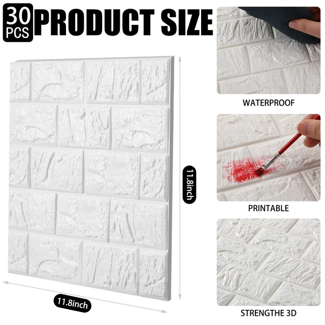 Alt view image 2 of 6 - 30 Pcs 3D Wall Panels Peel and Stick Wallpaper Foam, White Faux Brick Stone Tiles, Covering 28.8-48.4 Sq ft, Self Adhesive Waterproof Panels for Bedroom Living Room Kitchen Walls