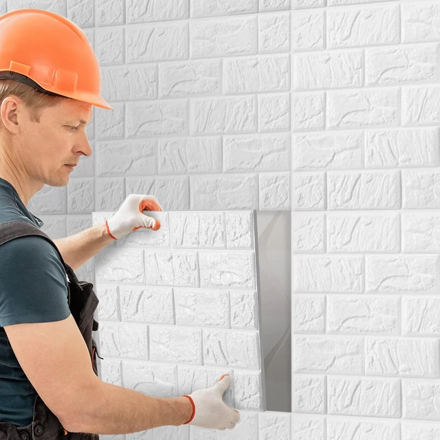 Alt view image 6 of 6 - 30 Pcs 3D Wall Panels Peel and Stick Wallpaper Foam, White Faux Brick Stone Tiles, Covering 28.8-48.4 Sq ft, Self Adhesive Waterproof Panels for Bedroom Living Room Kitchen Walls