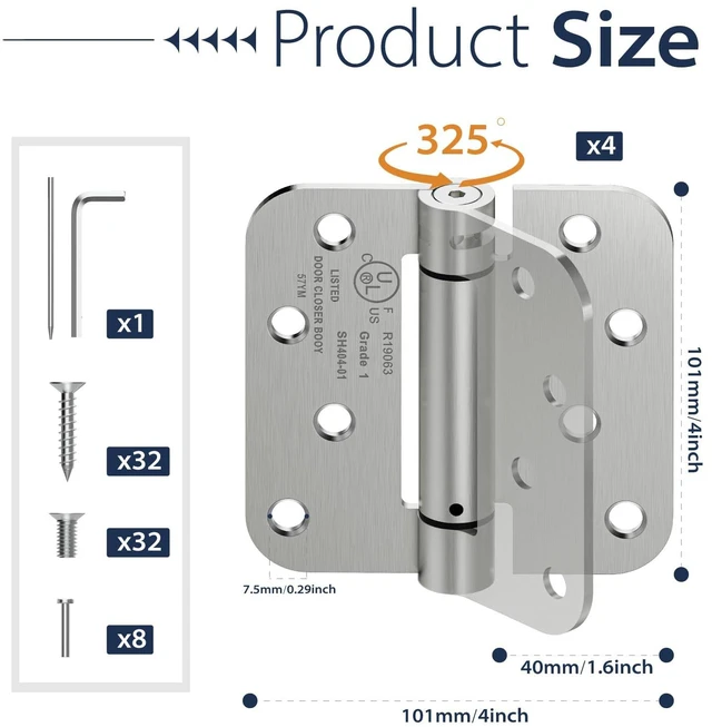 Alt view image 2 of 7 - 4-Pack 4 Inch Self Closing Door Hinges,5/8" Radius Corners,Brushed Nickel Auto Spring Loaded Door Hinges, Adjustable Tension for Exterior,Garage, Front Back Door,Left Right Hand Door,UL Listed
