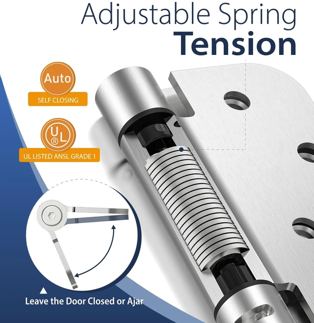 Alt view image 3 of 7 - 3-Pack 4 Inch Self Closing Door Hinges,5/8" Radius Corners,Brushed Nickel | Auto Spring Loaded Door Hinges, Adjustable Tension for Exterior,Garage, Front Back Door,Left Right Hand Door,UL Listed