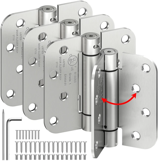 Main image of 4-Pack 4 Inch Self Closing Door Hinges,5/8" Radius Corners,Brushed Nickel Auto Spring Loaded Door Hinges, Adjustable Tension for Exterior,Garage, Front Back Door,Left Right Hand Door,UL Listed