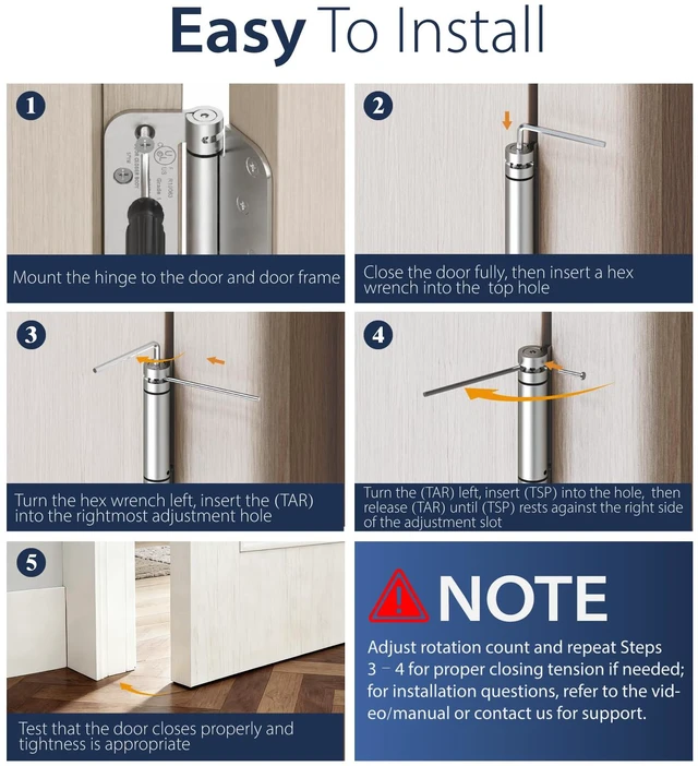 Alt view image 5 of 7 - 3-Pack 4 Inch Self Closing Door Hinges,5/8" Radius Corners,Brushed Nickel | Auto Spring Loaded Door Hinges, Adjustable Tension for Exterior,Garage, Front Back Door,Left Right Hand Door,UL Listed