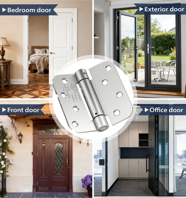 Alt view image 6 of 7 - 3-Pack 4 Inch Self Closing Door Hinges,5/8" Radius Corners,Brushed Nickel | Auto Spring Loaded Door Hinges, Adjustable Tension for Exterior,Garage, Front Back Door,Left Right Hand Door,UL Listed