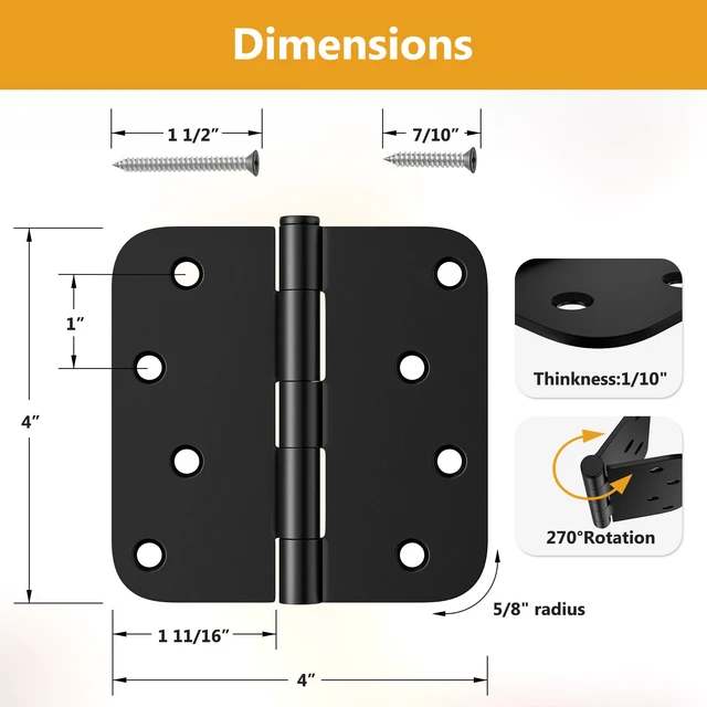 Alt view image 2 of 7 - 12 Pack Rounded Door Hinges 4 Inch, Black Exterior & Interior Door Hinge with 5/8'' Radius Corner, Removable Pin, Perfect for Heavy-Duty Front & Back Door, Antirust & No Squeaks