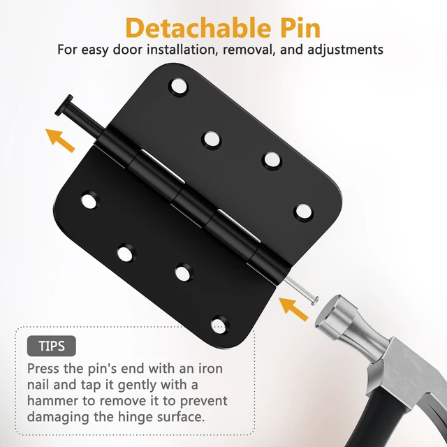 Alt view image 4 of 7 - 12 Pack Rounded Door Hinges 4 Inch, Black Exterior & Interior Door Hinge with 5/8'' Radius Corner, Removable Pin, Perfect for Heavy-Duty Front & Back Door, Antirust & No Squeaks