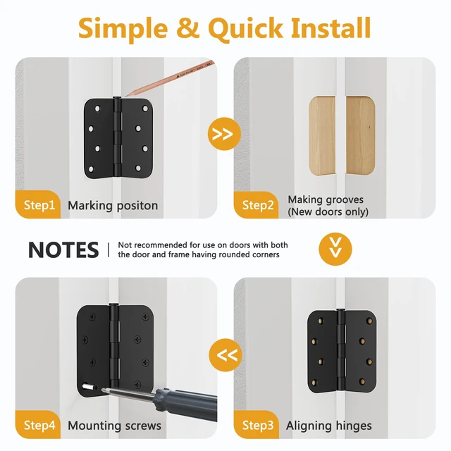 Alt view image 5 of 7 - 12 Pack Rounded Door Hinges 4 Inch, Black Exterior & Interior Door Hinge with 5/8'' Radius Corner, Removable Pin, Perfect for Heavy-Duty Front & Back Door, Antirust & No Squeaks