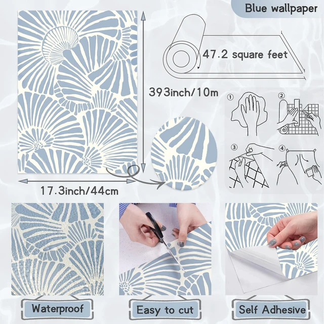 Alt view image 3 of 7 - Blue and White Wallpaper Peel and Stick Wallpaper Boho 17.3"×393" Modern Wall Paper Self Adhesive Removable Wallpapers for Bathroom Blue Contact Paper for Cabinets Drawers Shelf Decor Vinyl
