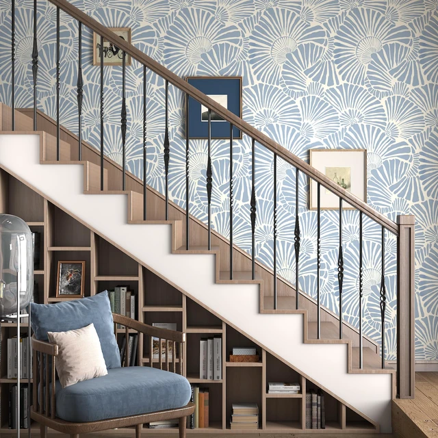 Alt view image 5 of 7 - Blue and White Wallpaper Peel and Stick Wallpaper Boho 17.3"×393" Modern Wall Paper Self Adhesive Removable Wallpapers for Bathroom Blue Contact Paper for Cabinets Drawers Shelf Decor Vinyl