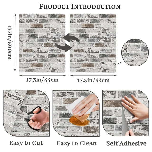 Alt view image 3 of 7 - Brick Peel and Stick Wallpaper 17.3"x197" 3D Brick Wallpaper Self Adhesive Removable Wallpaper Grey and White Textured Vintage Contact Paper for Fireplace Kitchen Home Decoration Vinyl