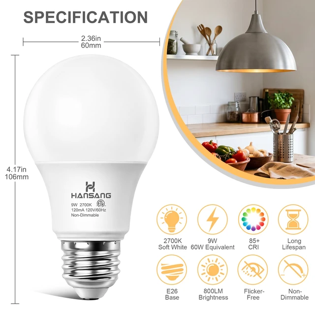 Alt view image 2 of 7 - 24 Pack A19 LED Bulb 2700K Soft White E26 Base 60 Watt 9W 900LM CRI 85+ 120V 800 Lumens,Warm Light Bulbs for Bedroom Living Room,No Flicker,Recycled Materials,Non-Dimmable