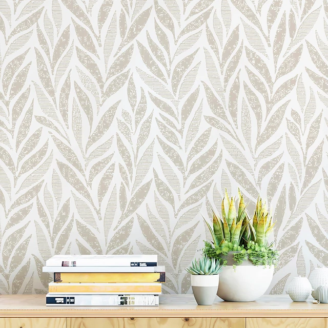 Main image of 393"x17.3" Boho Peel and Stick Wallpaper Beige and White Wallpaper Leaf Self Adhesive Removable Wall Paper for Bathroom Bedroom Contact Paper for Walls Vinyl Roll