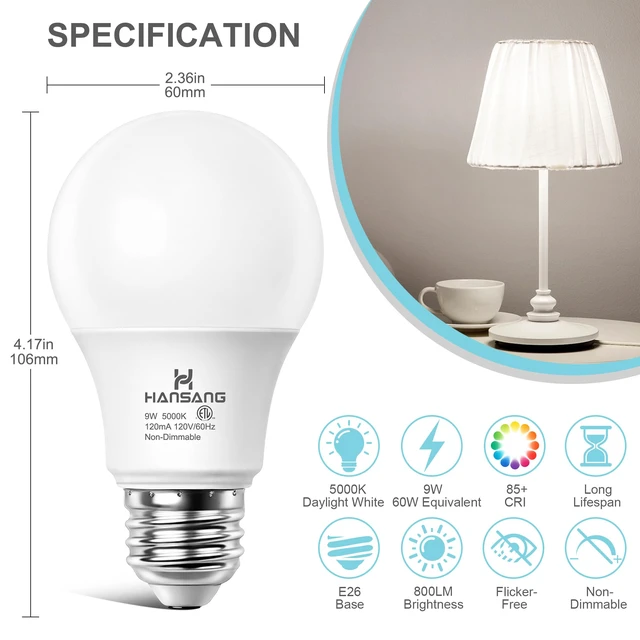 Alt view image 2 of 7 - 24 Pack E26 Base Daylight 5000K A19 LED Light Bulb 60 Watt 9W 900LM CRI 85+ 120V 800 Lumens,E26 LED Bulb for Bedroom Living Room,No Flicker,Recycled Materials,Non-Dimmable