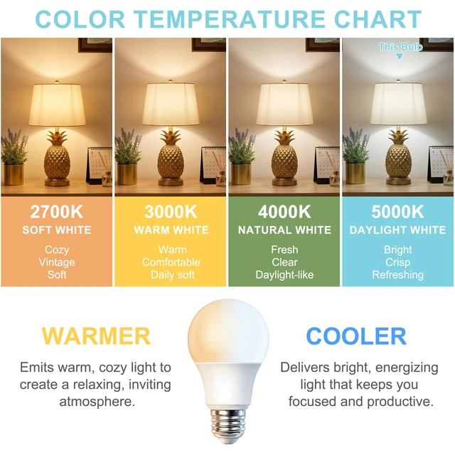 Alt view image 3 of 7 - 24 Pack E26 Base Daylight 5000K A19 LED Light Bulb 60 Watt 9W 900LM CRI 85+ 120V 800 Lumens,E26 LED Bulb for Bedroom Living Room,No Flicker,Recycled Materials,Non-Dimmable