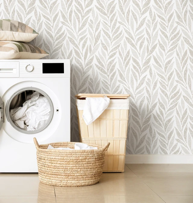 Alt view image 4 of 7 - 393"x17.3" Boho Peel and Stick Wallpaper Beige and White Wallpaper Leaf Self Adhesive Removable Wall Paper for Bathroom Bedroom Contact Paper for Walls Vinyl Roll