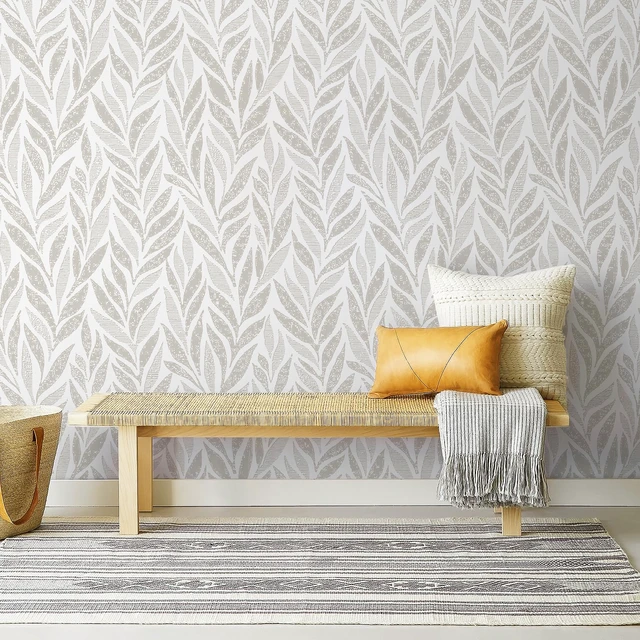 Alt view image 6 of 7 - 393"x17.3" Boho Peel and Stick Wallpaper Beige and White Wallpaper Leaf Self Adhesive Removable Wall Paper for Bathroom Bedroom Contact Paper for Walls Vinyl Roll
