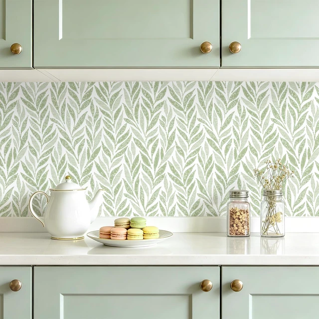 Alt view image 6 of 7 - Green Leaf Peel and Stick Wallpaper 393"x17.3" Boho Modern Farmhouse Wall Paper Sage Contact Paper Waterproof Self Adhesive Removable Wallpaper for Bedroom Bathroom Vinyl Roll