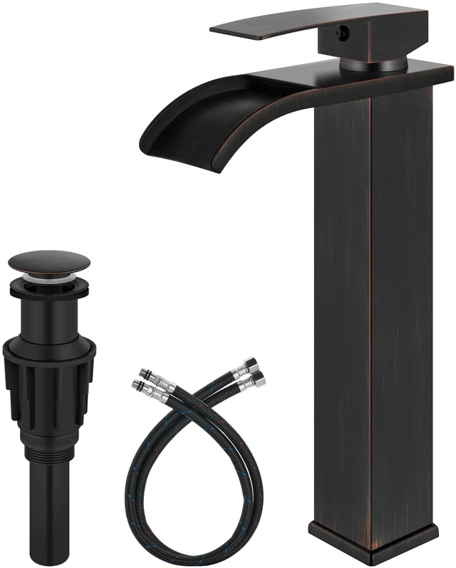 Main image of Bronze Waterfall Vessel Sink Faucet,Tall Bathroom Faucet Single-Handle Single-Hole Lavatory Vanity Sink Faucet Mixer Tap Includes Pop-Up Drain and Supply Lines
