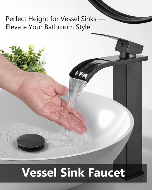 Alt view image 2 of 7 - Bronze Waterfall Vessel Sink Faucet,Tall Bathroom Faucet Single-Handle Single-Hole Lavatory Vanity Sink Faucet Mixer Tap Includes Pop-Up Drain and Supply Lines